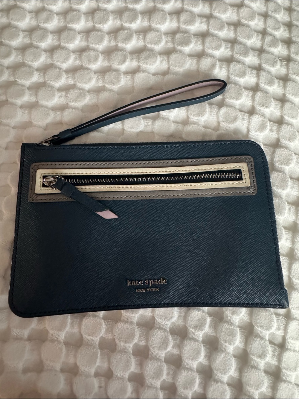 Kate Spade Cameron Medium L-Zip Wristlet Blue Saffiano Leather Two Tone